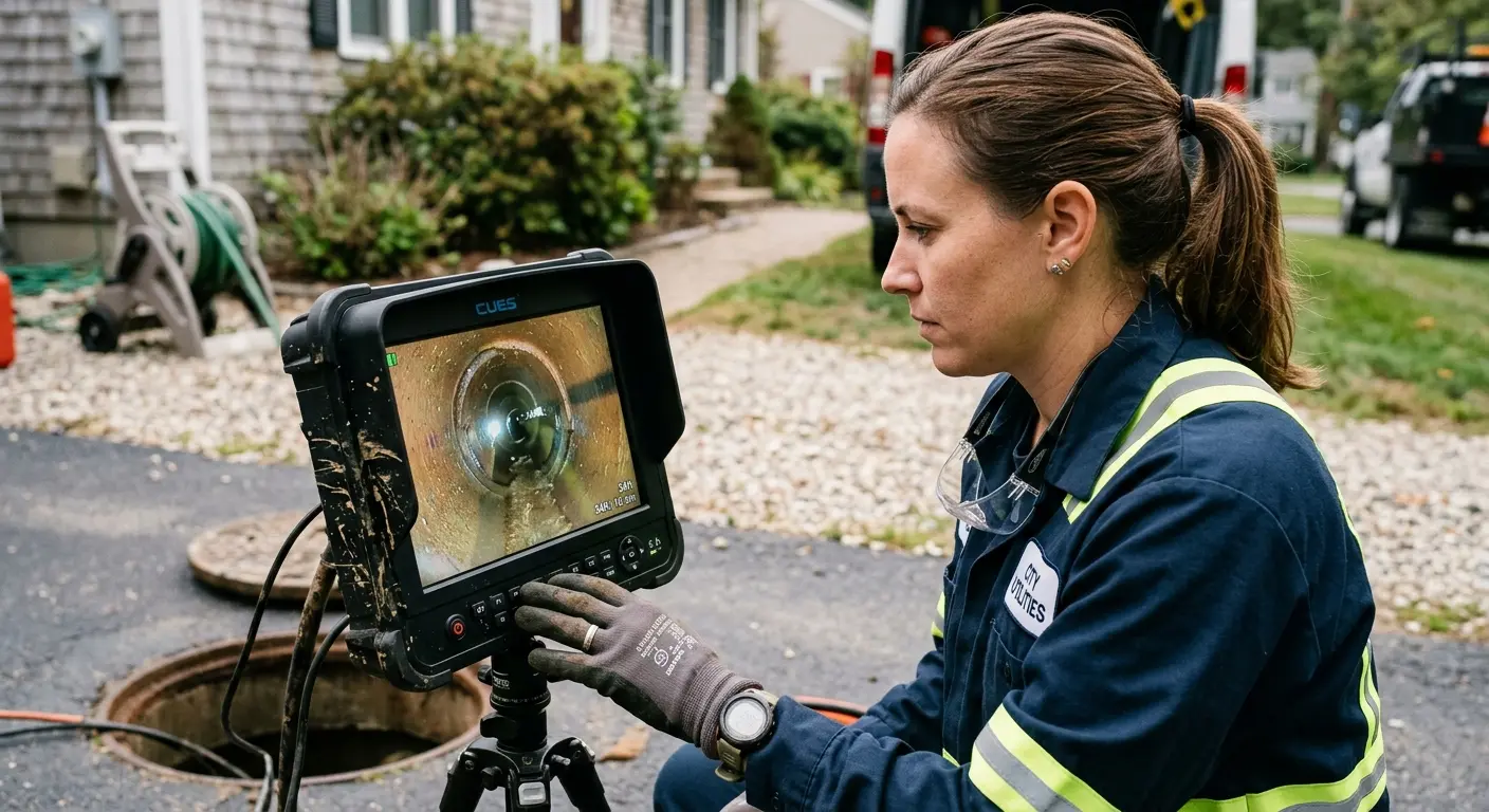 Technician reviewing sewer camera inspection footage in Maple Grove