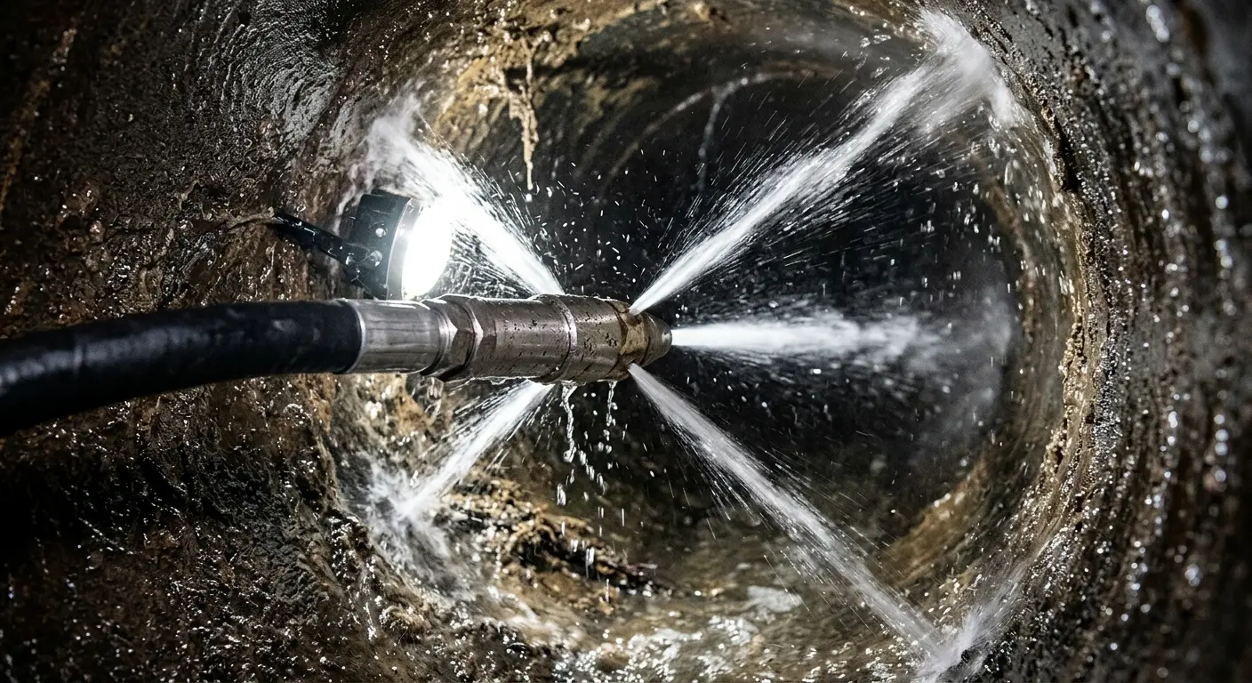 High-pressure hydro jetting nozzle cleaning sewer pipe for Sewer Cleanout in Maple Grove