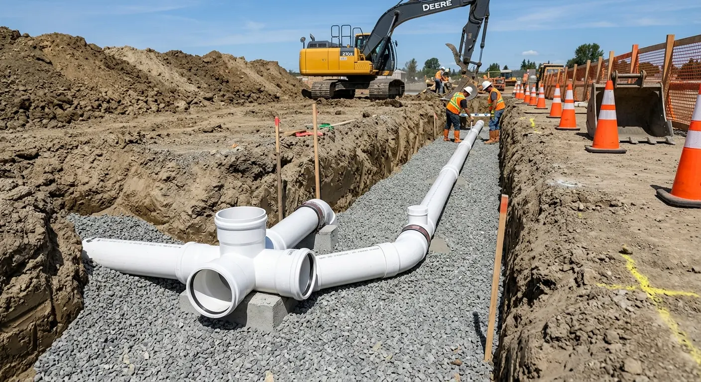 New PVC sewer pipe installation in open trench for Sewer Backup in Maple Grove