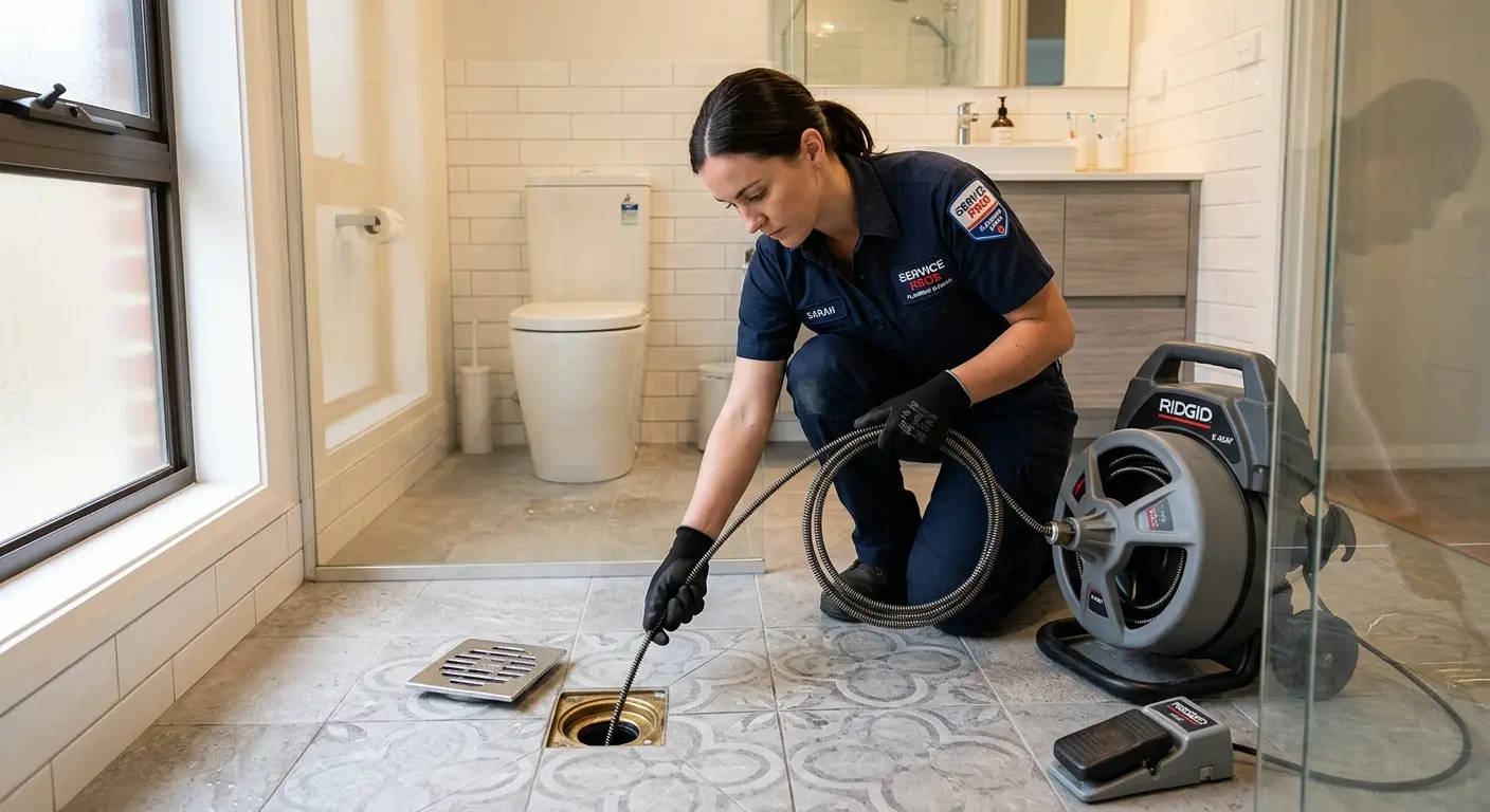 Technician clearing a bathroom floor drain for Clogged Drain Repair in Maple Grove